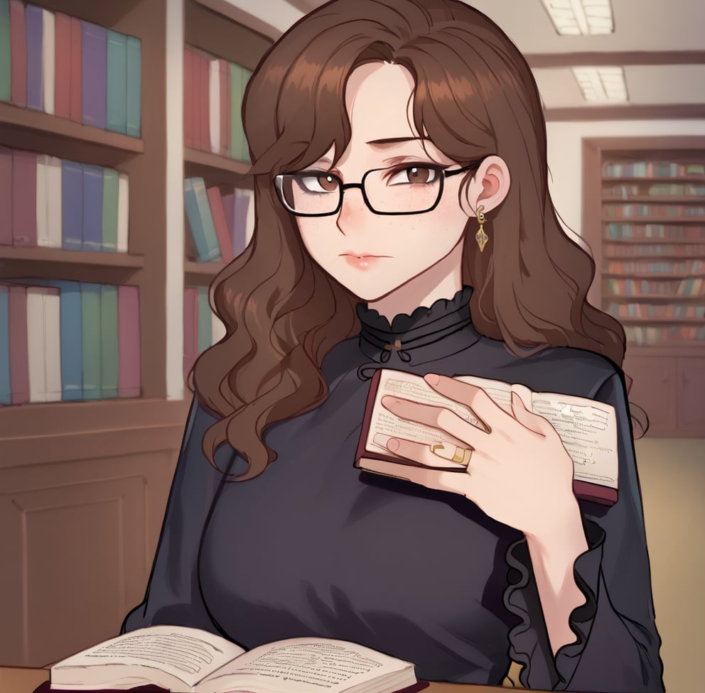 1girl, solo, long hair, looking at viewer, bangs, brown hair, long sleeves, dress, holding, brown eyes, jewelry, closed mouth, upper body, earrings, glasses, indoors, wide sleeves, blurry, black dress, lips, book, blurry background, wavy hair, frilled sleeves, holding book, library, freckles,ratatatat74 artstyle,Eyes,Beautiful eyes