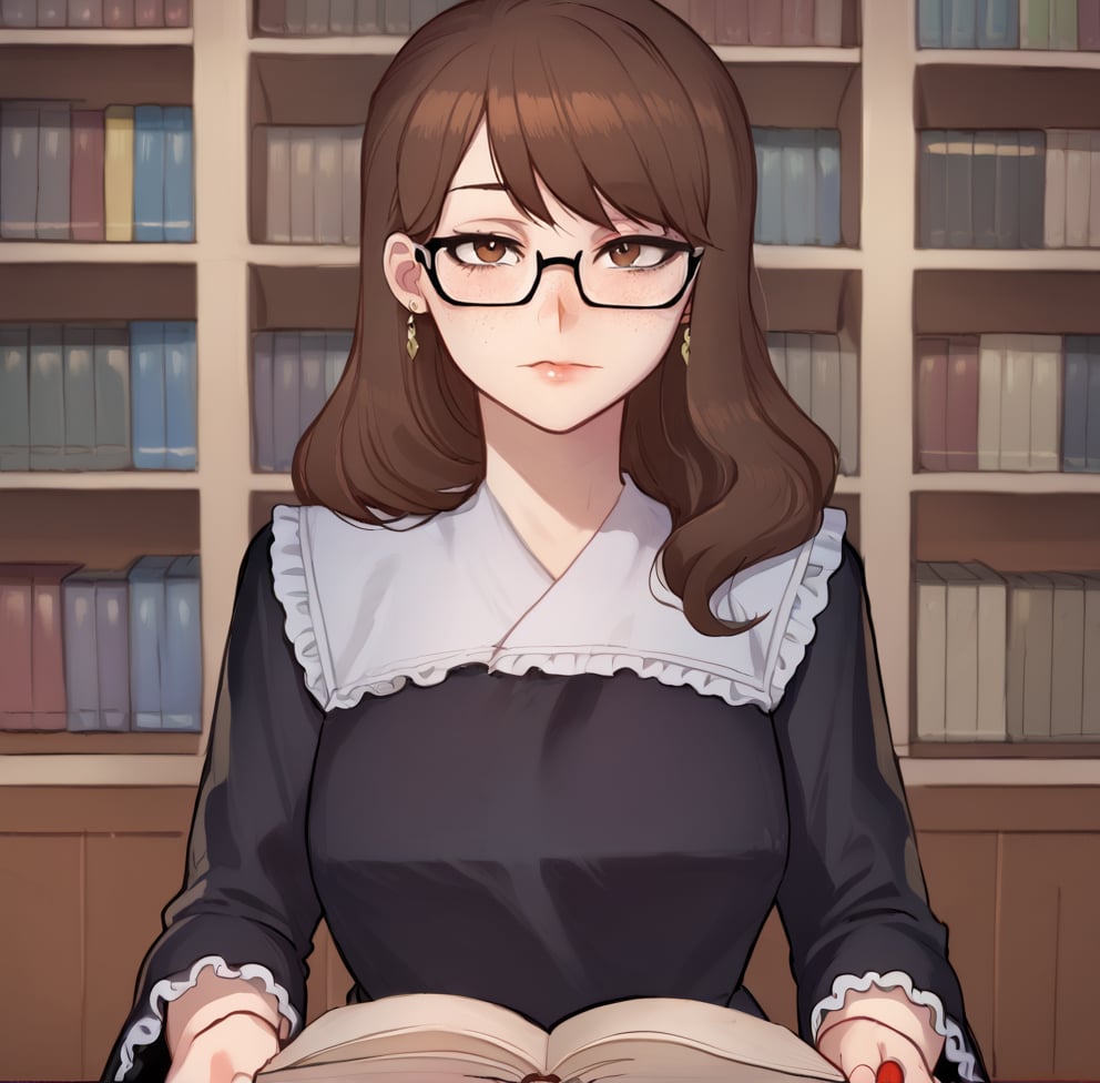 1girl, solo, long hair, looking at viewer, bangs, brown hair, long sleeves, dress, holding, brown eyes, jewelry, closed mouth, upper body, earrings, glasses, indoors, wide sleeves, blurry, black dress, lips, book, blurry background, wavy hair, frilled sleeves, holding book, library, freckles,ratatatat74 artstyle,Eyes,Beautiful eyes