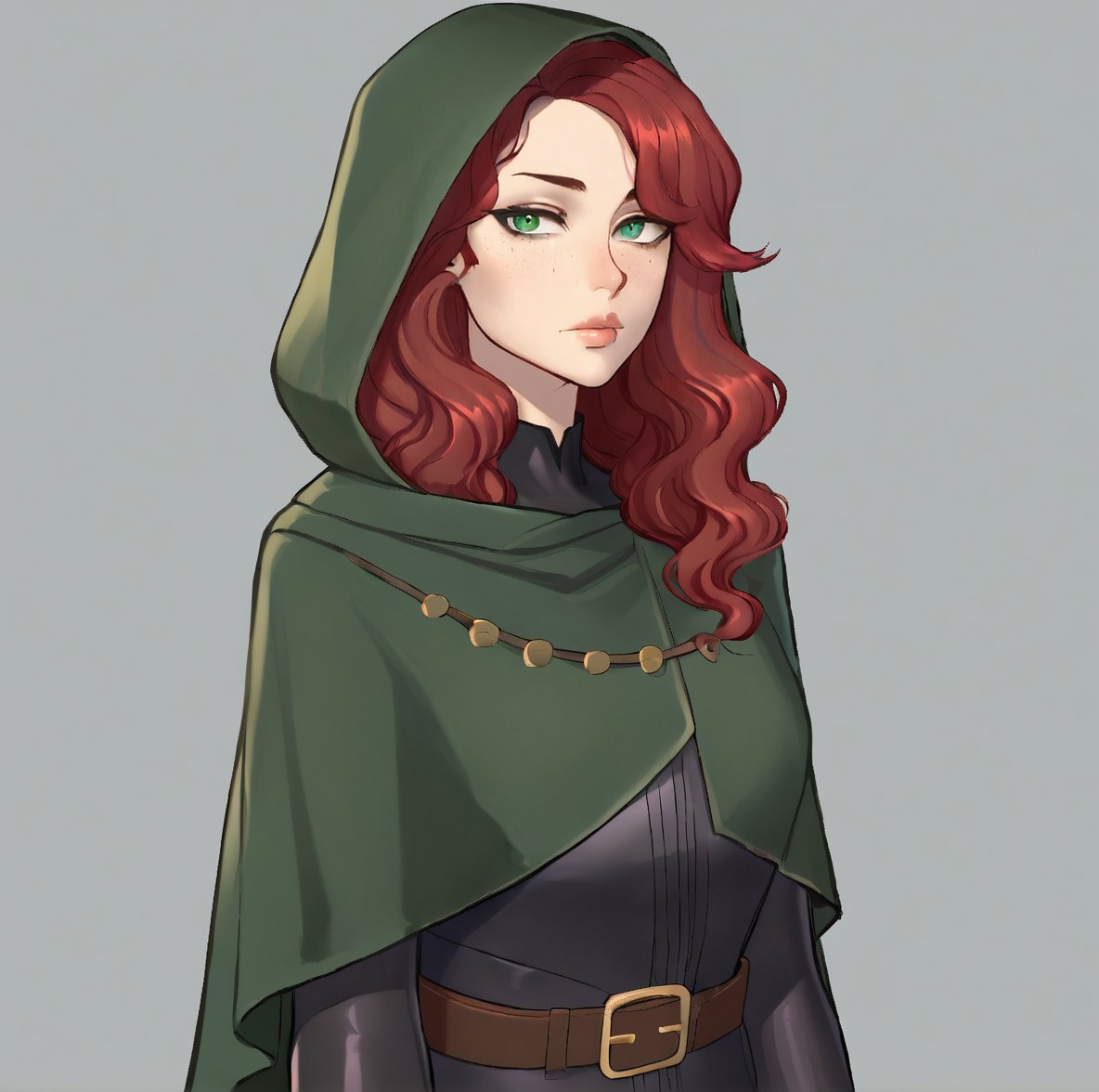 1girl, solo, long hair, looking at viewer, simple background, closed mouth, lips, sexy lips,  green eyes, red hair, belt, hood, grey background, cape, wavy hair, hood down, cloak, freckles,ratatatat74 artstyle,Eyes,Beautiful eyes, playing Creole guitar 