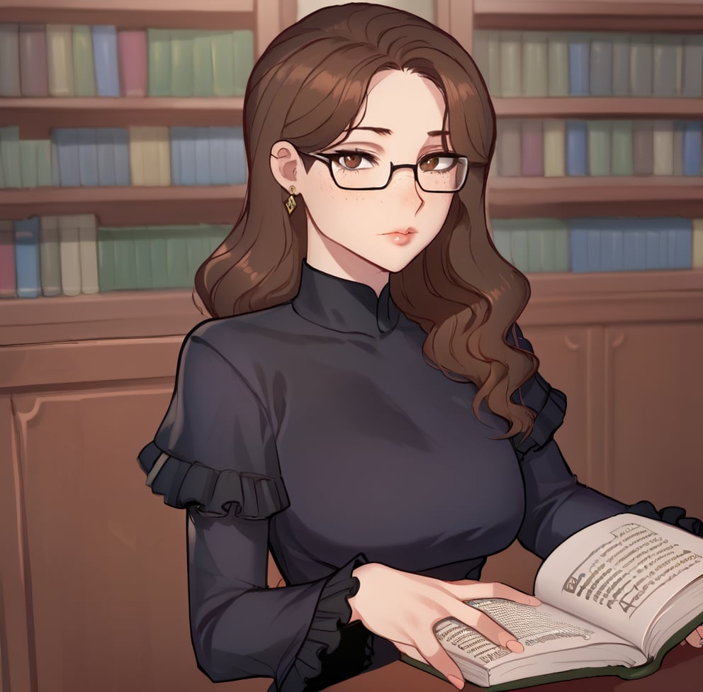 1girl, solo, long hair, looking at viewer, bangs, brown hair, long sleeves, dress, holding, brown eyes, jewelry, closed mouth, lips, sexy lips, upper body, earrings, glasses, indoors, wide sleeves, blurry, black dress, lips, book, blurry background, wavy hair, frilled sleeves, holding book, library, freckles,ratatatat74 artstyle,Eyes,Beautiful eyes