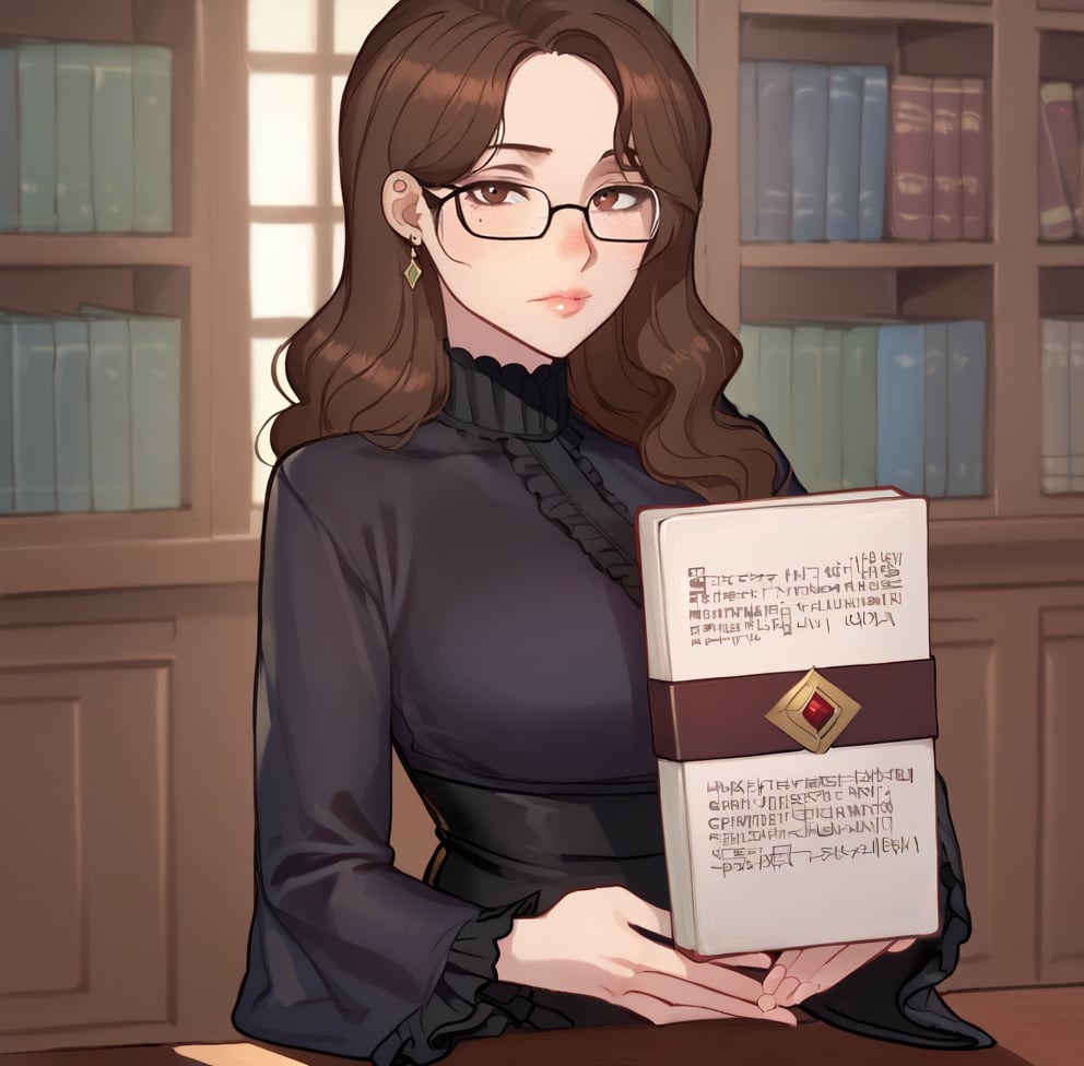 1girl, solo, long hair, looking at viewer, bangs, brown hair, long sleeves, dress, holding, brown eyes, jewelry, closed mouth, lips, sexy lips, upper body, earrings, glasses, indoors, wide sleeves, blurry, black dress, lips, book, blurry background, wavy hair, frilled sleeves, holding book, library, freckles,ratatatat74 artstyle,Eyes,Beautiful eyes