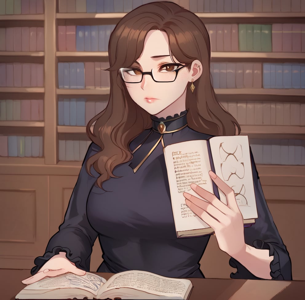 1girl, solo, long hair, looking at viewer, bangs, brown hair, long sleeves, dress, holding, brown eyes, jewelry, closed mouth, upper body, earrings, glasses, indoors, wide sleeves, blurry, black dress, lips, book, blurry background, wavy hair, frilled sleeves, holding book, library, freckles,ratatatat74 artstyle,Eyes,Beautiful eyes