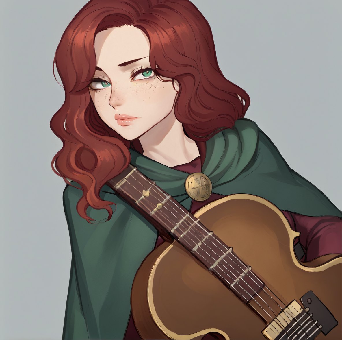 1girl, solo, long hair, looking at viewer, simple background, closed mouth, lips, sexy lips,  green eyes, red hair, belt, hood, grey background, cape, wavy hair, hood down, cloak, freckles,ratatatat74 artstyle,Eyes,Beautiful eyes, playing Creole guitar 