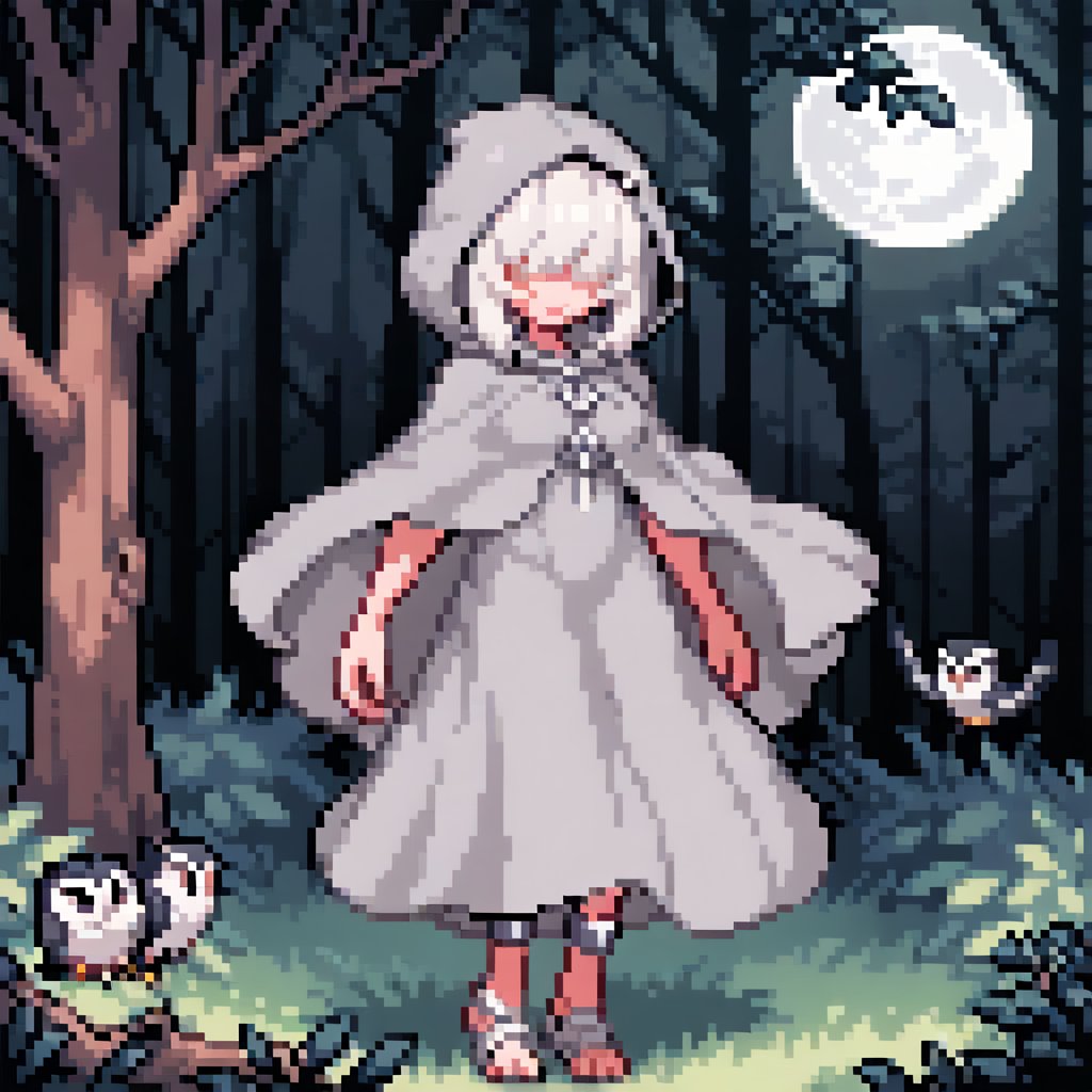 Solo_female, woman, white hair,grey feathered dress, long dress, ankle length dres, grey hooded cloak, owl hood, feathered cloak, hood over eyes, forest background with moon, innocent, moonlight, sprite, pixel style