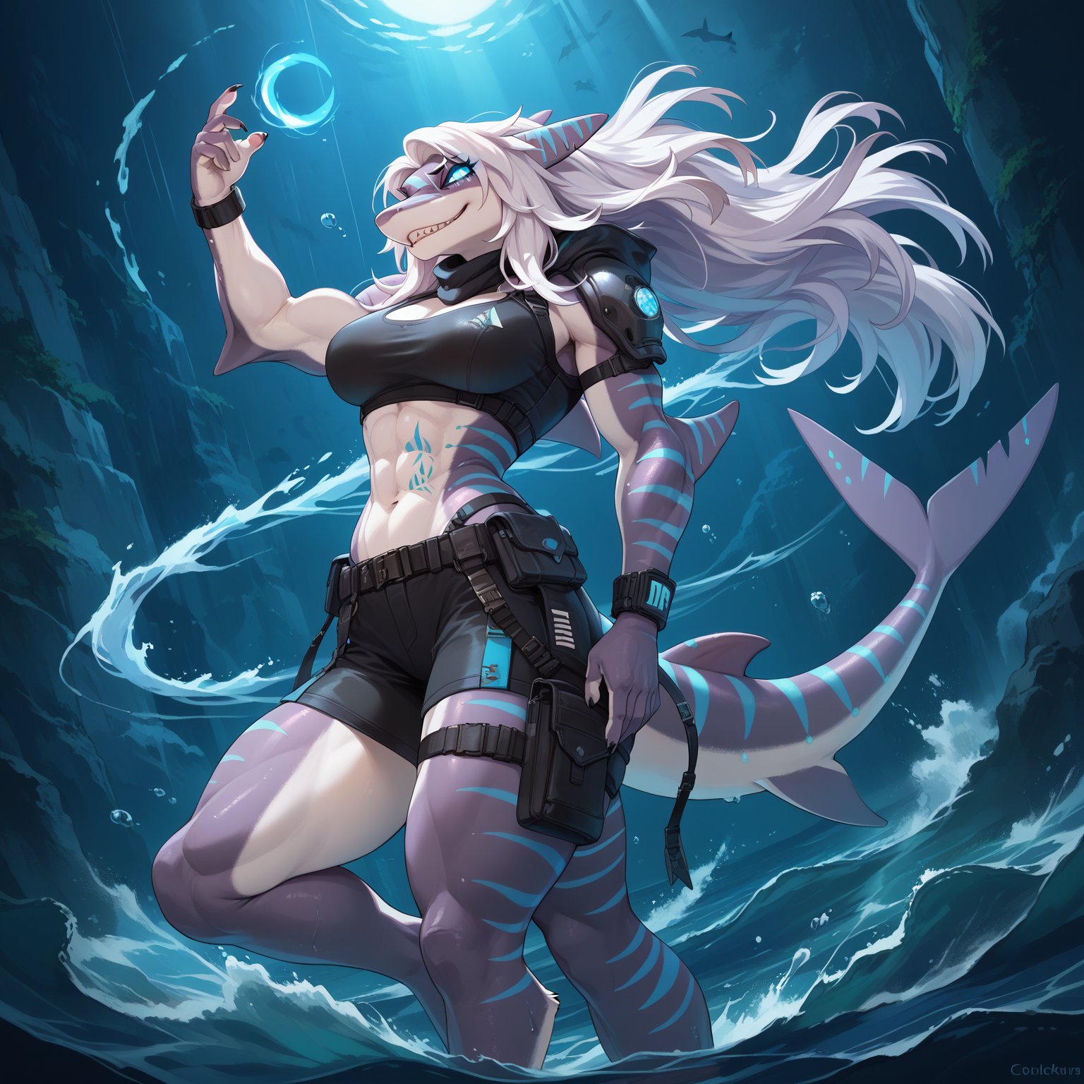 score_9,score_8_up,score_7_up BREAK, SDXL,1girl, long hair, navel, tail, white hair, glowing, glowing eyes, furry, furry female, shark girl, shark tail