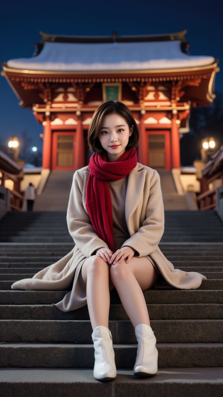 Photorealistic, Photo of young Beautiful Japanese woman, 1girl, stunning, (medium-short brown inward hair), double eyelids, highly detailed glossy eyes, (detailed facial), medium-large breasts, slender legs, pale skin, detailed skin texture, (supermodel like figure), beige coat, knits dress, white heeled boots, red scarf, (sitting on stairs), (in front of the shrine), (nice hands on thighs), night, dark theme, nighttime, (huge majestic shrine on background), (snowy shrine, heavy snow on shrine), cold, fashion model posing, full body portrait, sharp focus, (charming smile face), looking at camera, (enchanting smile), from front side, wide angle, highly details, medium-short hair, (beautiful long-legged), detailed fabric rendering, detailed background, (night view), landscape