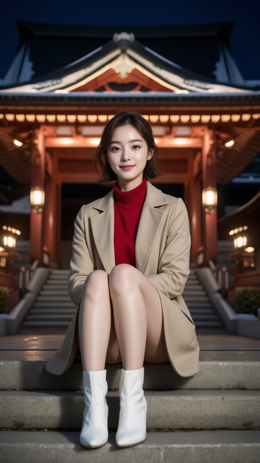 Photorealistic, Photo of young Beautiful Japanese woman, 1girl, stunning, (medium-short brown inward hair), double eyelids, highly detailed glossy eyes, (detailed facial), medium-large breasts, slender legs, pale skin, detailed skin texture, (supermodel like figure), beige coat, knits dress, white heeled boots, red scarf, (sitting on stairs), (in front of the shrine), (nice hands on thighs), night, dark theme, nighttime, (huge majestic shrine on background), (snowy shrine, heavy snow on shrine), cold, fashion model posing, full body portrait, sharp focus, (charming smile face), looking at camera, (enchanting smile), from front side, wide angle, highly details, medium-short hair, (beautiful long-legged), detailed fabric rendering, detailed background, (night view), landscape