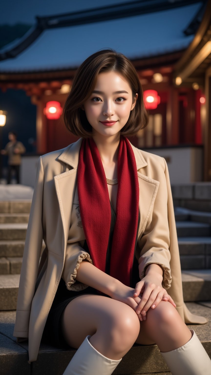 Photorealistic, Photo of young Beautiful Japanese woman, 1girl, stunning, (medium-short brown inward hair), double eyelids, highly detailed glossy eyes, (detailed facial), medium-large breasts, slender legs, pale skin, detailed skin texture, (supermodel like figure), beige coat, knits dress, white heeled boots, red scarf, (sitting on stairs), (in front of the shrine), (nice hands on thighs), night, dark theme, nighttime, (huge majestic shrine on background), (snowy shrine, heavy snow on shrine), cold, fashion model posing, full body portrait, sharp focus, (charming smile face), looking at camera, (enchanting smile), from front side, wide angle, highly details, medium-short hair, (beautiful long-legged), detailed fabric rendering, detailed background, (night view), landscape