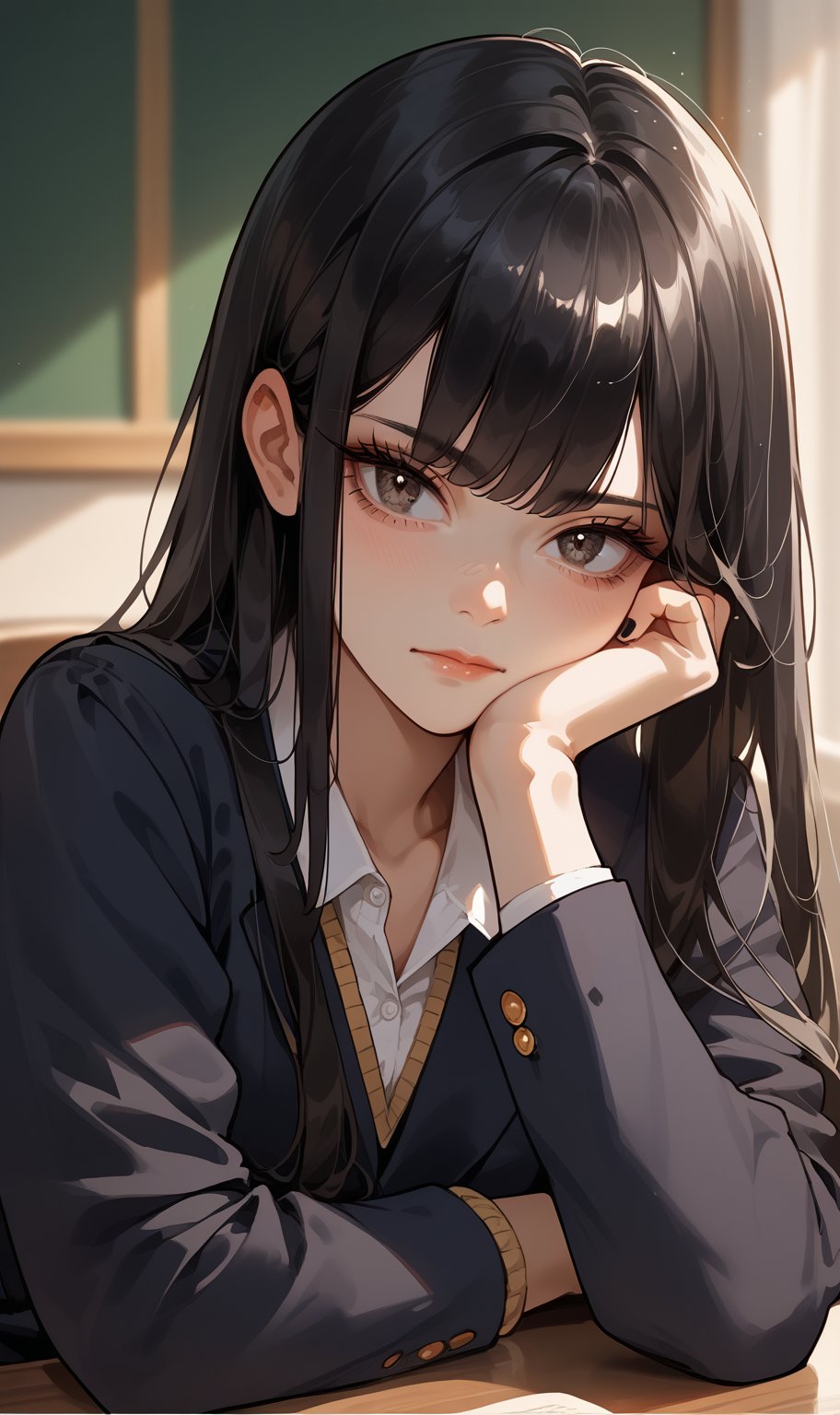 score_9, score_8_up,  score_7_up, source_anime BREAK  1girl,loli, looking at viewer,Exquisite details, a perfect figure of a girl,beautiful face,long black hair, bangs, melancholy eyes,black nail,black school uniform,bright,sitting,chin rest