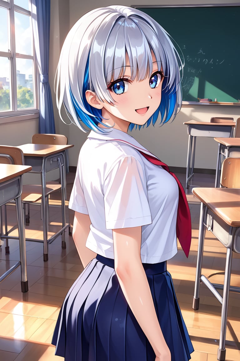 best quality, very aesthetic, 
1Girl, 
short hair, [Silver hair:Blue hair,0.7], (highlights:0.1) hair, shiny hair, (Blue eys), glistening skin,
(blush:0.2), (happy:0.8), 
schoolgirl_classic, shirt, skirt,
looking back, classroom, [day:Sunset:0.7],(sun light:0.1), 
perfect body, detailed body,