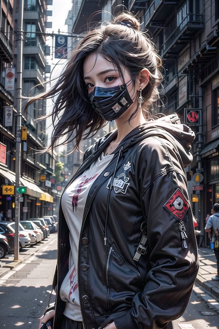 Master work, best picture quality, higher quality, ultra-high resolution, 8k resolution, exquisite facial features, perfect face, girl, assassin, fashion ((upper body clothing, hoodie inside, suit jacket outside)) sneakers, Black mask, cross earrings, carrying a delicate and beautiful samurai sword, night, city, movie style