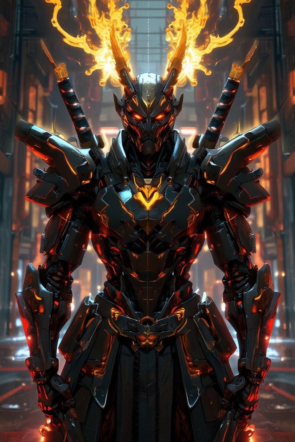 a gold and black demon standing upright on the ground with two swords in front of him, very beautiful cyberpunk samurai, cyberpunk samurai, anime cyberpunk art, anime cyberpunk, cyberpunk anime art, cyborg samurai, digital cyberpunk anime art, portrait of a cyberpunk samurai, digital cyberpunk - anime art, anime cyborg, cyberpunk artstyle, cyberpunk art style, trending on artstation pixiv, cyberpunk character art, demon samurai, cyborg ninja, advanced digital cyberpunk art, cyberpunk assassin, anfas portrait of a mech warrior, cyberpunk character design