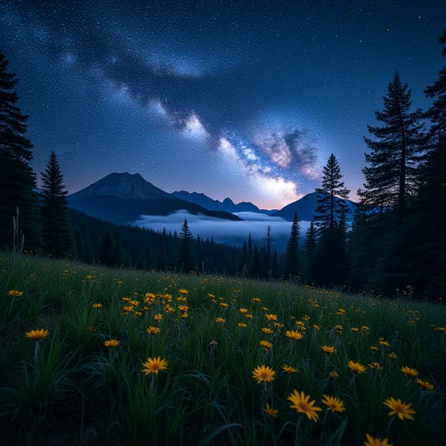  a stunning starry dark night in the forest, there are some rocky mountains at the background. dramatic light, yellow flowers on the grass