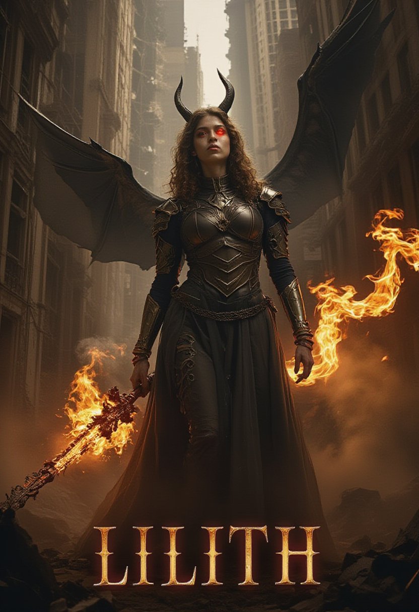 Create a stunning movie poster for LILITH, inspired by dark fantasy and supernatural action. The poster should feature a powerful central image of female Azael, the female protagonist, standing amidst swirling shadows and ethereal flames. His expression is intense, with glowing red eyes, as he wields a dark, ancient weapon partially engulfed in fire and smoke. He is dressed in battle-worn armor that reflects both his demonic heritage and his struggle for redemption. Surround with ghostly, sinister figures of hybrid demons, blending into the flames and smoke. The backdrop should showcase a dystopian, ruined cityscape, with towering structures crumbling into the darkness, symbolizing the world on the brink of destruction. Use a rich palette of deep cinematic hue to evoke the sense of an otherworldly battle between good and evil. The title LILITH should be prominently displayed at the bottom in a bold, gritty font, with subtle cracks.
