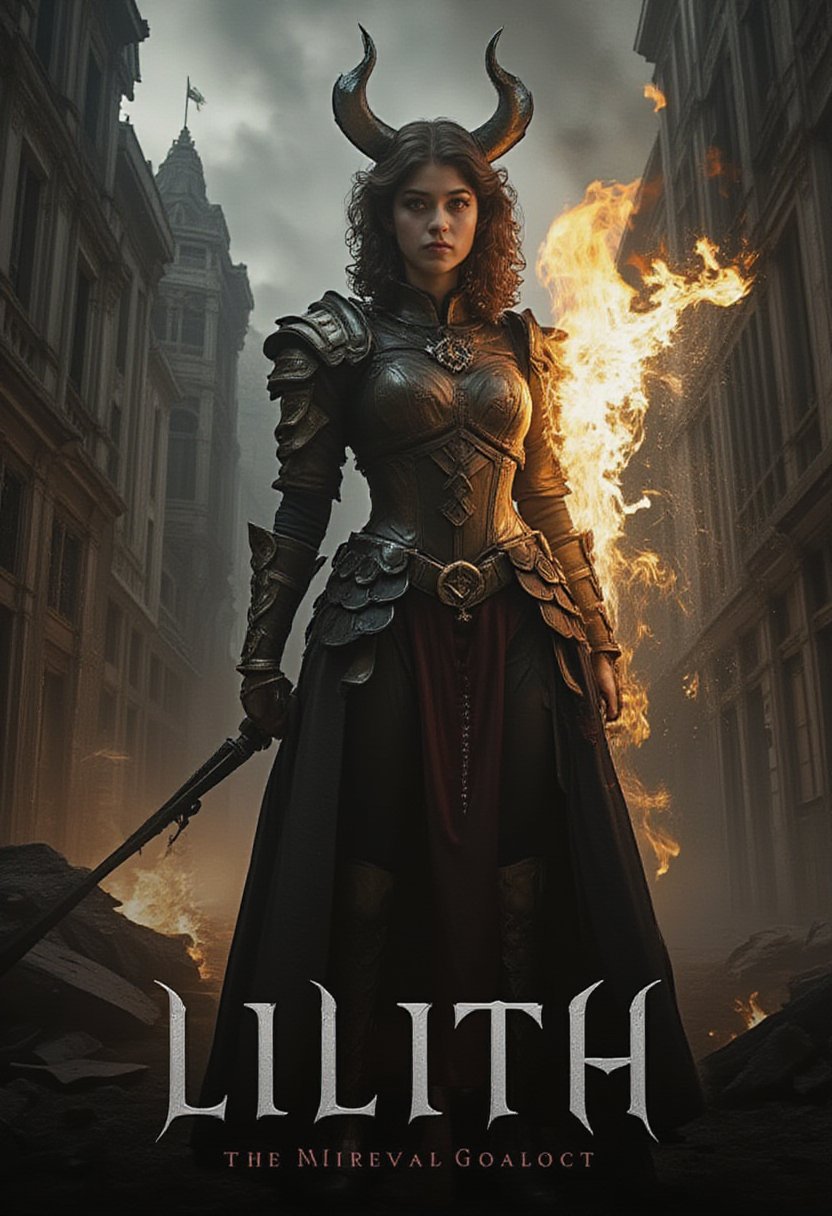 Create a stunning movie poster for LILITH, inspired by dark fantasy and supernatural action. The poster should feature a powerful central image of female Azael, the female protagonist, standing amidst swirling shadows and ethereal flames. His expression is intense, with glowing red eyes, as he wields a dark, ancient weapon partially engulfed in fire and smoke. He is dressed in battle-worn armor that reflects both his demonic heritage and his struggle for redemption. Surround with ghostly, sinister figures of hybrid demons, blending into the flames and smoke. The backdrop should showcase a dystopian, ruined cityscape, with towering structures crumbling into the darkness, symbolizing the world on the brink of destruction. Use a rich palette of deep cinematic hue to evoke the sense of an otherworldly battle between good and evil. The title LILITH should be prominently displayed at the bottom in a bold, gritty font, with subtle cracks.
