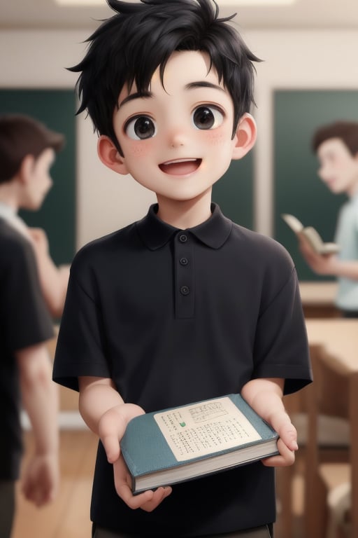 A young boy with a radiant smile, his short straight black hair messy and endearing. He's dressed a plain red polo shirt, his tiny hands cradling a book. His straight black hair is swept across his forehead, adding to his adorable charm. The camera captures him indoors, the background blurred to focus attention on his joyful face as he holds the book open-mouthed, his black eyes shining with excitement.