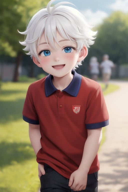 A young boy with a radiant smile, his short straight white hair combed neatly and endearing. He's dressed a plain red polo shirt. His straight white hair is covering his forehead, adding to his adorable charm. The camera captures him outdoors, the background blurred to focus attention on his joyful face, his blue eyes shining with excitement.