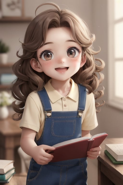 A young boy with a radiant smile, his long white curly hair messy and endearing. He's dressed in worn brown overalls and a plain white polo shirt, his tiny hands cradling a book. His long white curly hair is swept across his forehead, adding to his adorable charm. The camera captures him indoors, the background blurred to focus attention on his joyful face as he holds the book open-mouthed, his brown sparkly eyes shining with excitement.