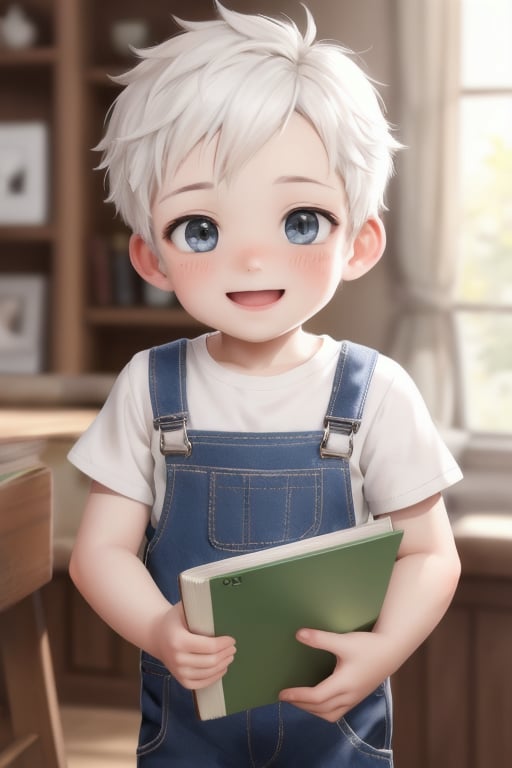 A toddler boy with a radiant smile, his short white hair messy and endearing. He's dressed in worn overalls and a plain white shirt, his tiny hands cradling a book. His white hair is swept across his forehead, adding to his adorable charm. The camera captures him indoors, the background blurred to focus attention on his joyful face as he holds the book open-mouthed, his eyes shining with excitement.