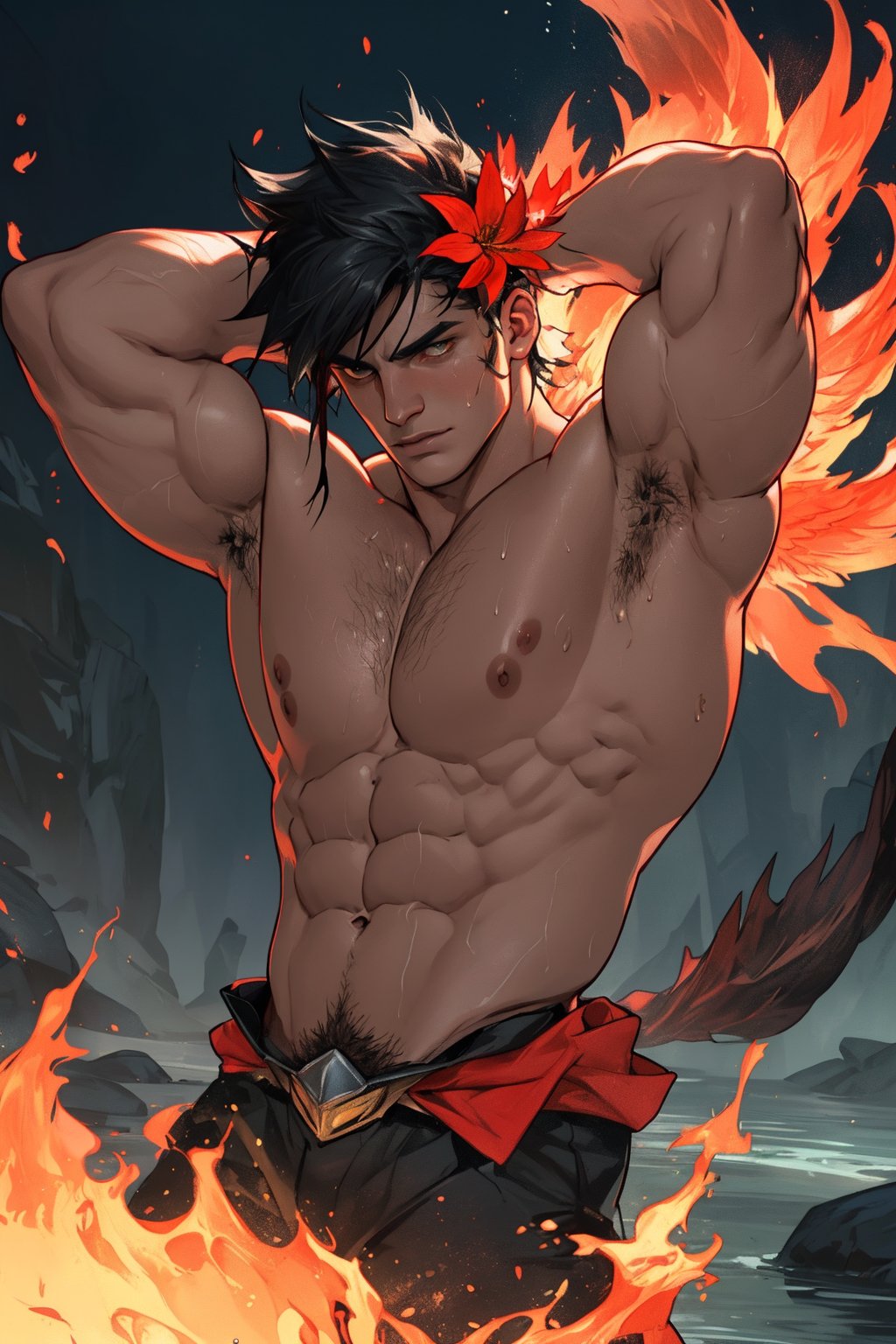 A close-up shot of Zagreus, a powerful demon with a massive, imposing physique, his large muscles rippling beneath his dark, scaly skin as he flexes his arm, thick armpit hair, very sweaty, very hairy armpits, the lighting casting deep shadows on his face and highlighting the sharp contours of his features. The background is a dark, eerie abyss, with faint, flickering flames dancing in the distance. He is adorned with many phoenix-flowers, rerd phoenix-flower, red delonix-regia, delonix-regia-flower