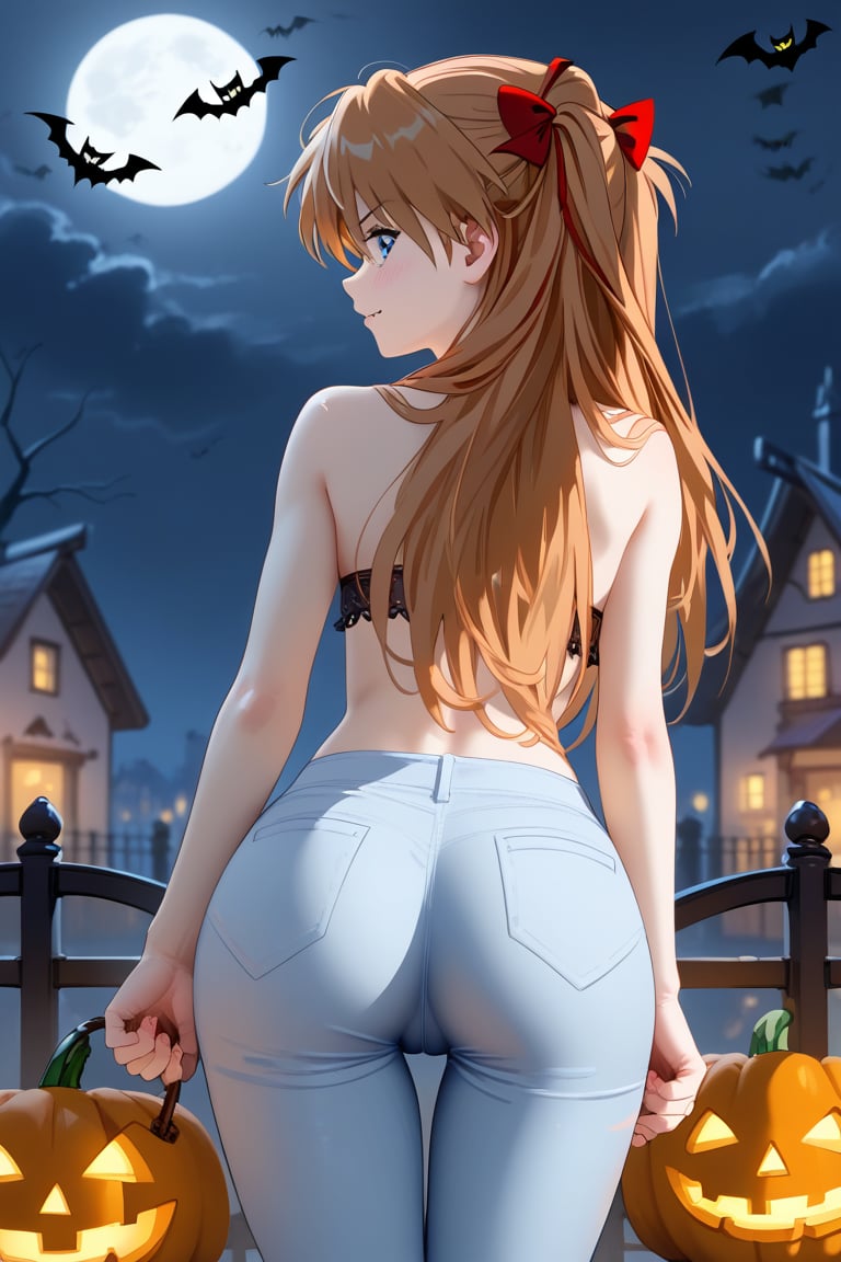 from behind,  halloween, light blue pants
Asuka Langley's face