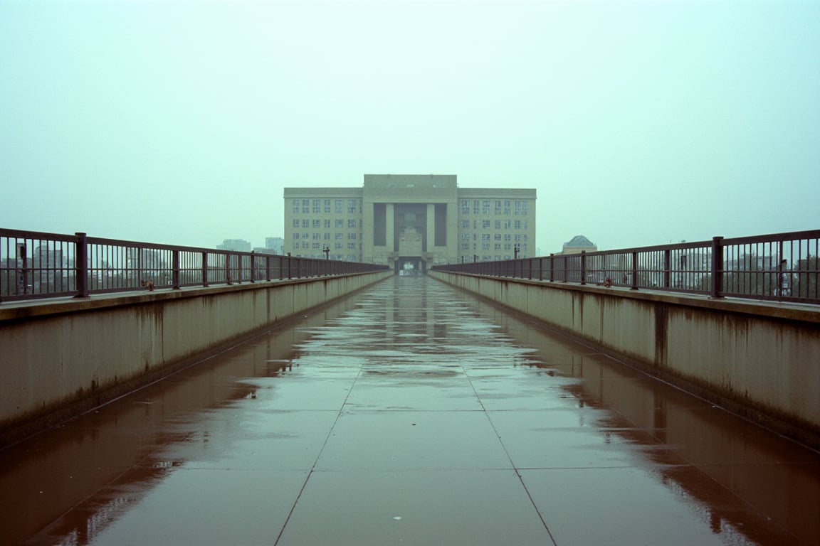 35mm Fuji Velvia film stock, 50mm f16 lens. An empty cement civilian walkway in the middle of a dystopian city. A Soviet-style Brutalist building stands before us, a building of nonesense. The sky is a neutral gauzy gray.,RonFricke cinematic film style. Light drizzling rain. Depressing