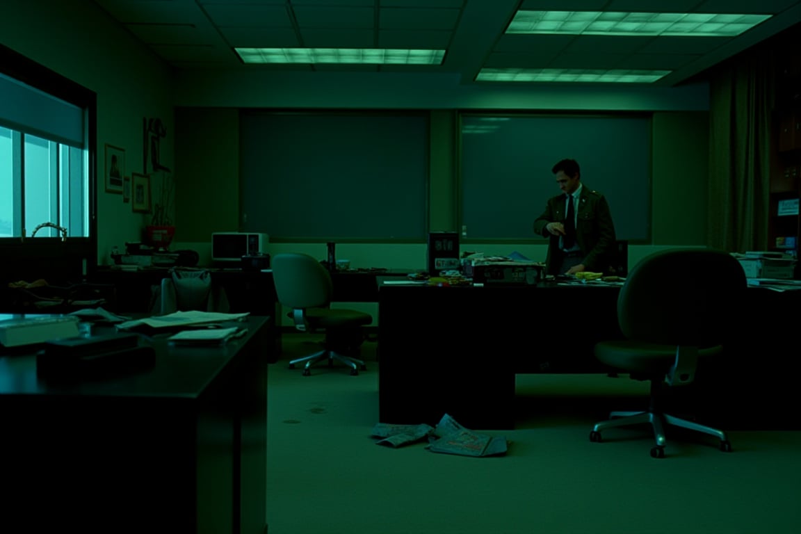 35mm film stock, 50mm f16 lens. Still image from a 1972 psychological horror film. The inside of a generic office building. Our hero, 25 years old, wearing charcoal slacks, a skinny tie, and an olive drab army jacket, is crouching behind a semi-destroyed desk. Most of the lights have failed and the background is very dark. He is terrified. Filmed from waist high, dramatic lighting, blue-green cast fluorescent lighting.,deep focus style,Technicolor style