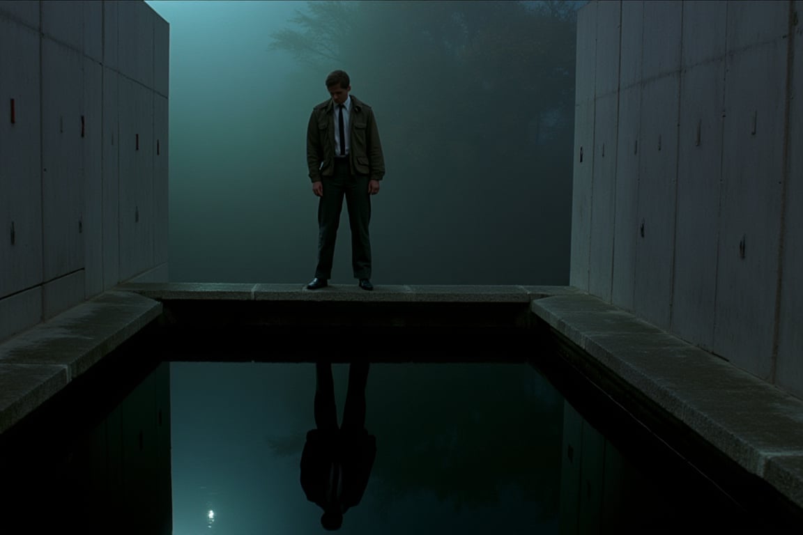 35mm film stock, 50mm f16 lens. Still image from a 1972 psychological horror film. Outside in a foggy, dreary, drab day. In front of a reflecting pool in a small industrial brutalist alcove.
The hero, 25 years old, brown hair, wearing charcoal slacks, a skinny tie, and an olive drab M65 jacket is standing with his back to us, looking down at his reflection in the black water.
Filmed from the above the hero's head looking down at his reflection, dramatic lighting, subtle blue-green cast fluorescent lighting.,deep focus style,Technicolor style