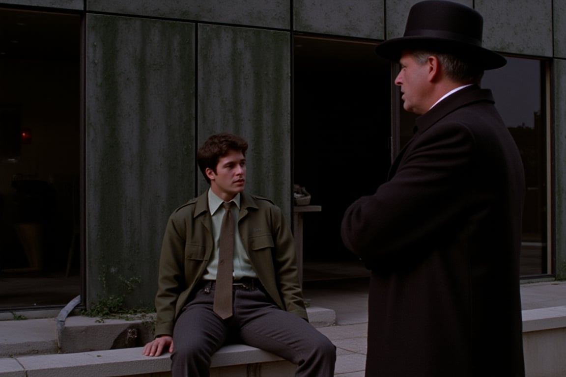 35mm film stock, 50mm f16 lens. Still image from a 1972 psychological horror film. The inside of a generic office building. 
Our hero, 25 years old, wearing charcoal slacks, a skinny tie, and an olive drab combat fatigue jacket, is sitting outside on a cement bench. It is dark and cloudy outside, gloomy. A cement wall is behind him, streaked with dark gime and algae. An older man in a black trench coat and black fedora stands angrily in front of him with his arms crossed. It is dark and foggy outside, with a slight green light. Cinematic