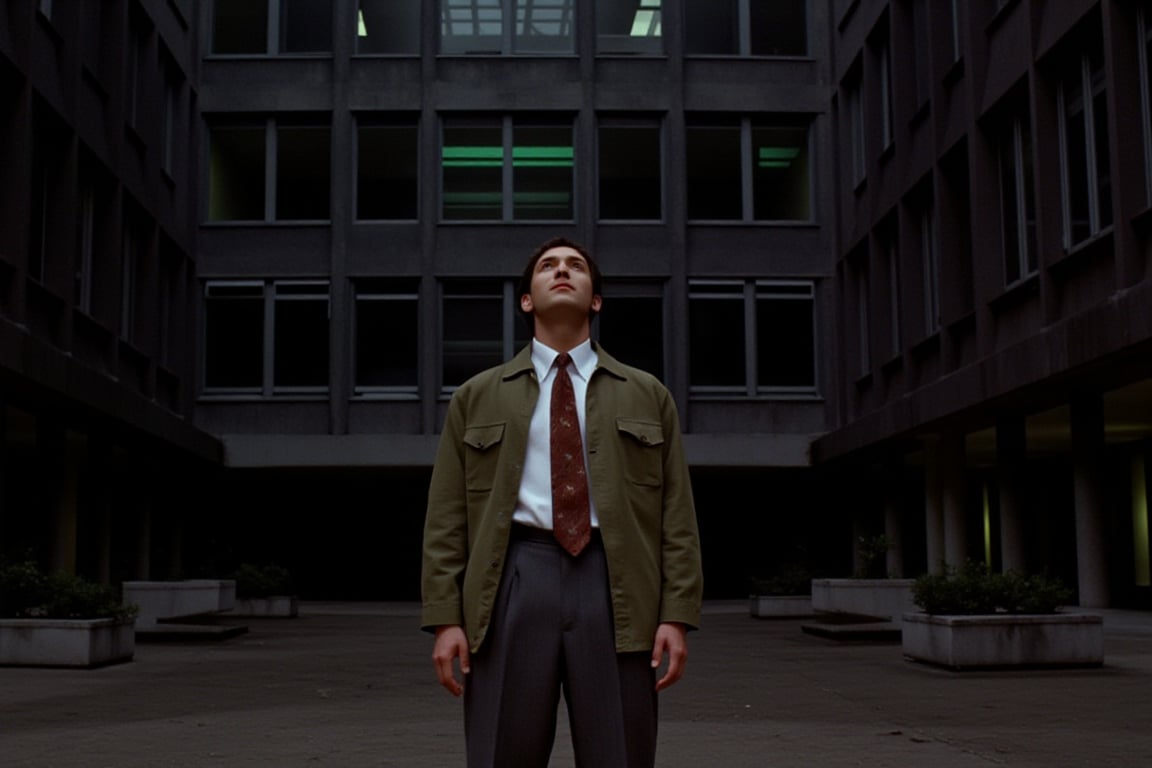 35mm Kodachrome film stock, 50mm f16 lens. Still image from a 1972 psychological horror film. The inside of a generic office building. 
Our hero, 25 years old, wearing charcoal slacks, a skinny tie, and an olive drab combat fatigue jacket, is standing in front of an intimidating Soviet brutalist building. He looks up and counts the windows. It is dark and foggy outside, with a slight green light. Cinematic