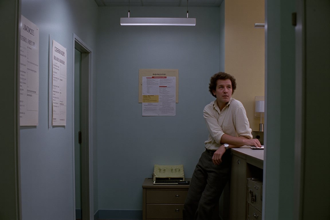 35mm film stock, 50mm f16 lens. Still image from a 1972 psychological horror film. 
The inside of a generic office. Bland notices are posed on walls. Ten feet away, a man leans around a corner and is looking at you. Creepy and unsettling