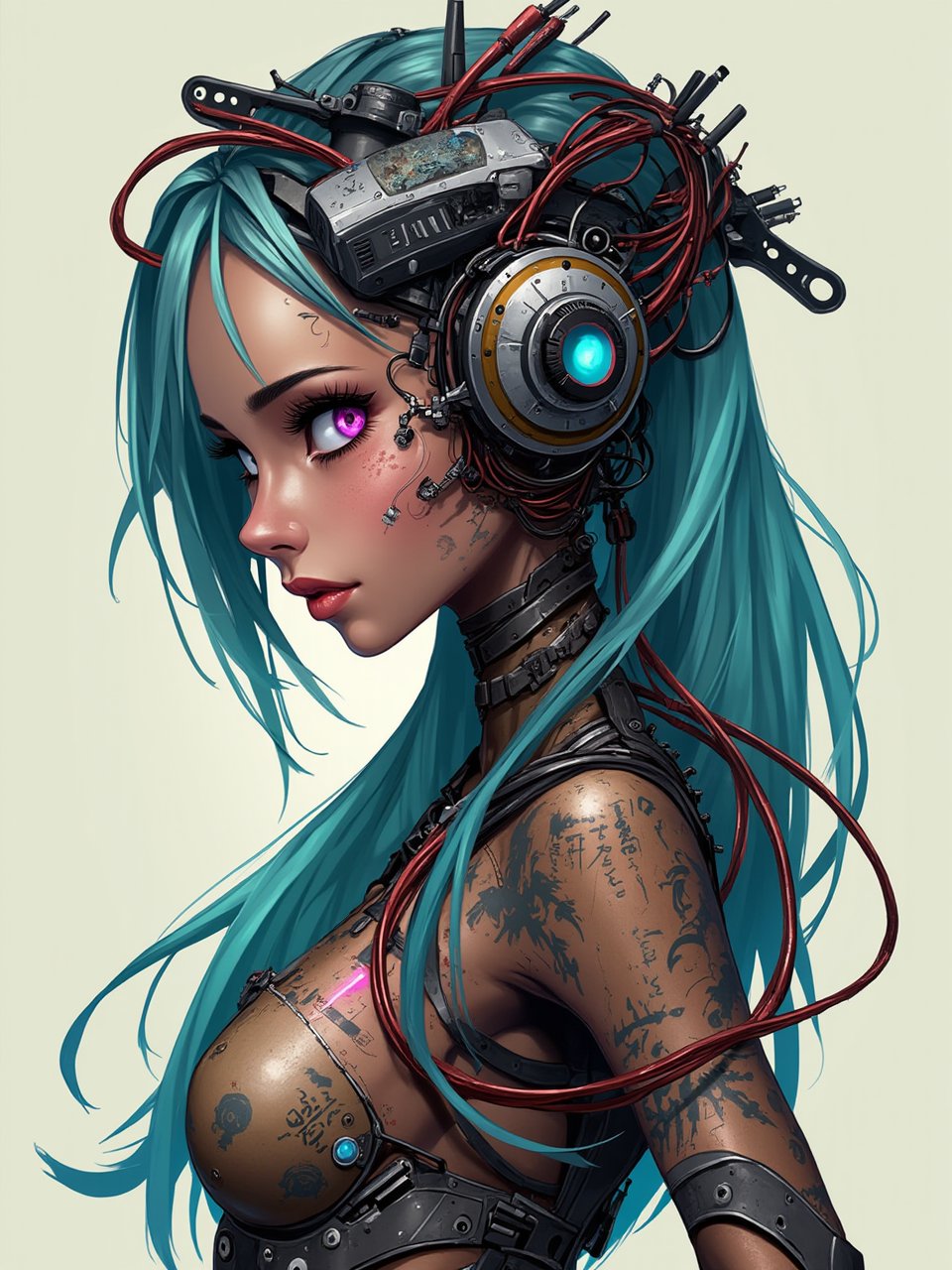 

A futuristic cyberpunk-inspired female character, positioned at a 3/4 angle, her rich brown skin seamlessly merging with intricate mechanical and technological implants. Her head is adorned with a complex headpiece made of wires, circuits, and metallic components, with a small, dragon-like creature perched on top. Aqua blue hair flows from beneath the machinery, partially fused with cybernetic elements, cascading gently over her shoulder. Her face, youthful and human-like, displays a calm, slightly sideward glance, with one eye glowing a soft pink and the other reflecting a deep blue. Visible tattoos in Japanese or Chinese characters decorate her neck and upper arm, blending with the exposed technology on her body. The character’s biomechanical modifications extend across her shoulders and down her back, showcasing intricate wiring and metallic parts. The overall style combines futuristic cyberpunk, anime, and sci-fi aesthetics, emphasizing the harmony between organic and mechanical elements in a dystopian world




,shading lineart, shading, lineart, 2.5D, illustration, portrait, closeup, Score_9, Score_8_up, Score_7_up, behance work, intricate, vibrant color, High quality, 8k hd, best quality, detailed skin texture, complicated, 8k ultra hd, high resolution, high definition, excellent quality, stunning image, volumetric lighting, detail quality Enhancer,Anime Style,futuremadness,FluxBoost,1girl_Anime,FuturEvoLabScene