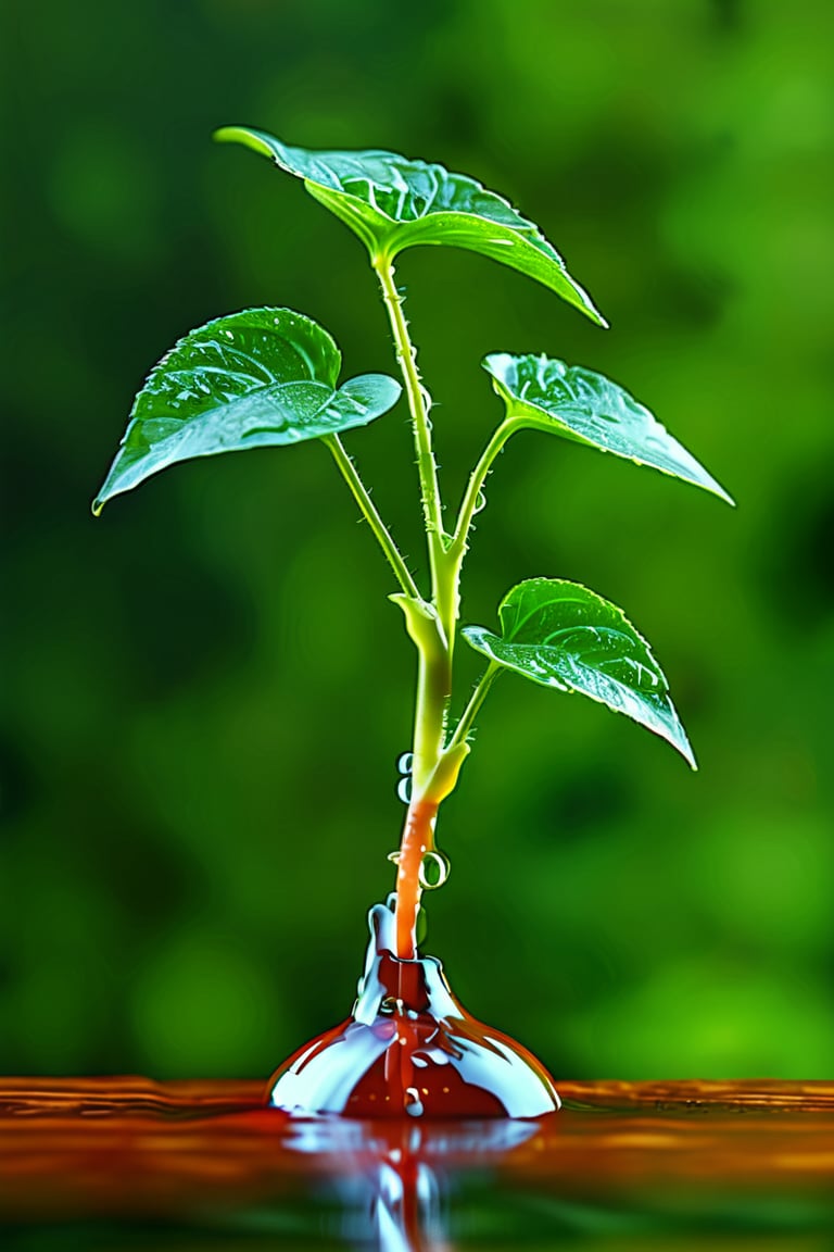 hyperrealistic macro photography of a stick long Maggie man watering a plant stem. Real plant stem with leaves growing from an old board, very realistic against a blurred dark green garden background. Include tilt shift, chromatic and volumetric details and texture, cinematic shot, film grain, grainy, real-time lighting, ray tracing, volumetric lighting, hyperrealism, cinematography style, photography, 1k resolution, hyper quality, ultra-high clarity, high detail, high definition, high key highlights, anti-aliasing, realistic.FluxBoost