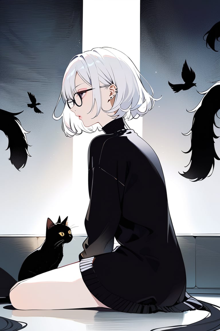 A contemplative young woman with striking white hair, styled in an exaggeratedly short bob, sits pensively amidst a dimly lit room. Her piercing black eyes are framed by sleek glasses, conveying a sense of intensity and focus. A black sweater envelops her slender figure, while a sleek black cat purrs softly at her side. The medium-long shot captures the stark beauty of her profile, as she gazes intently into the distance, lost in thought.