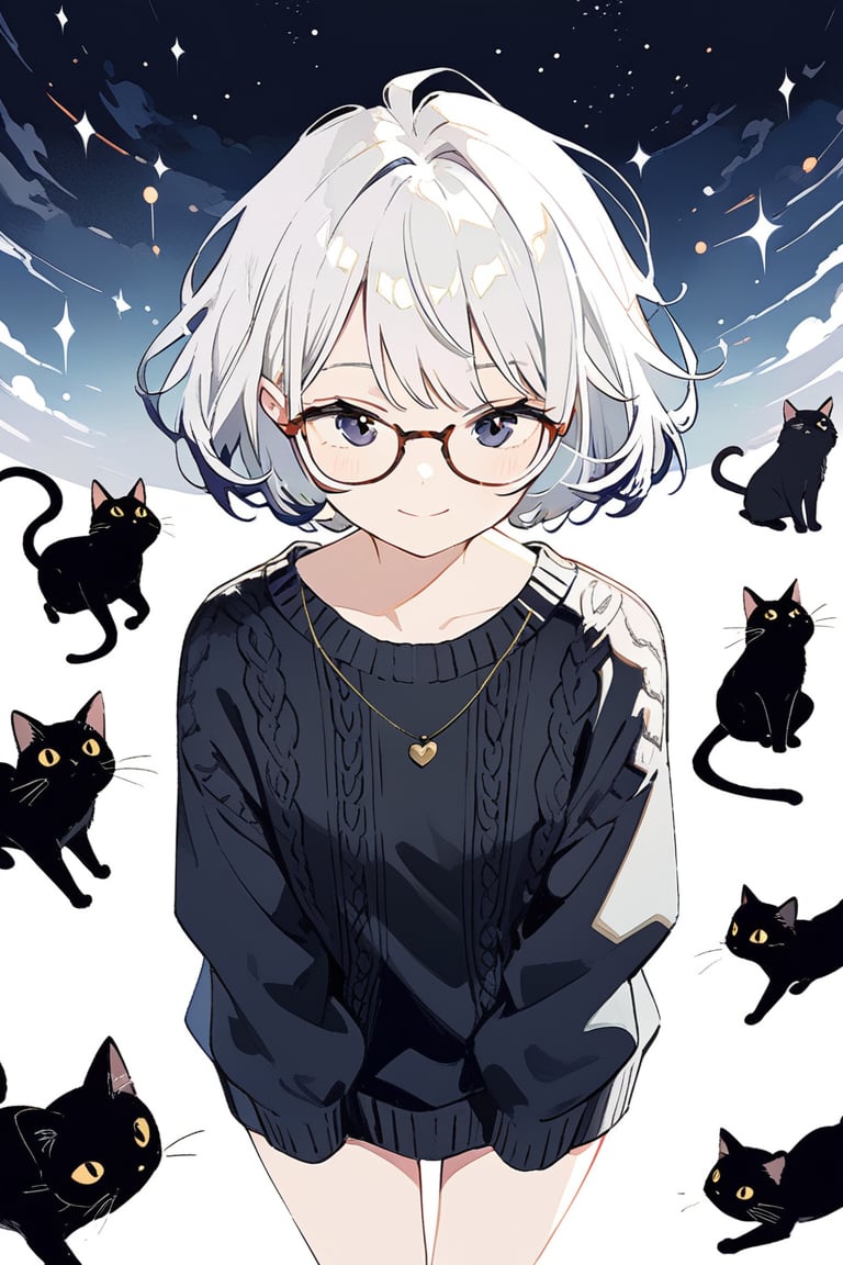 very detailed, high quality, beautiful (medium long shot), 1 girl, alone, white hair, exaggeratedly short hair, black eyes, glasses, cute look, a warm smile, wears a black sweater, accompanied by a black 
cat