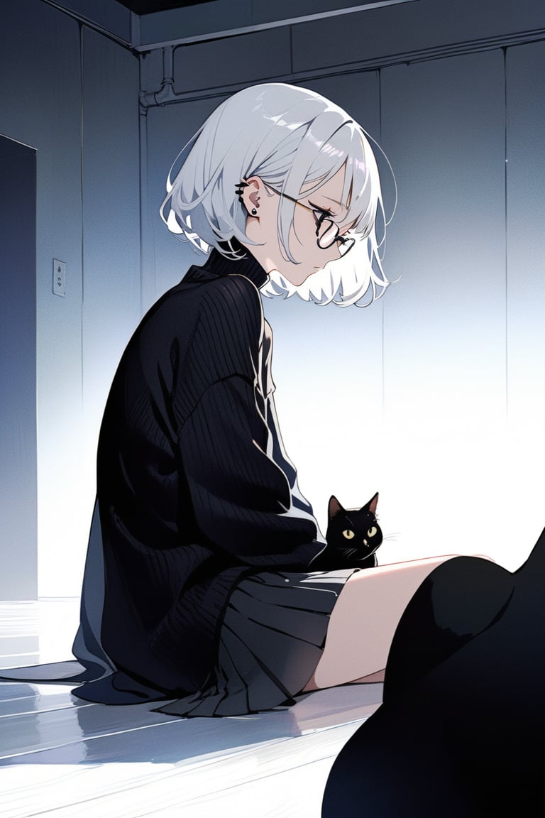 A contemplative young woman with striking white hair, styled in an exaggeratedly short bob, sits pensively amidst a dimly lit room. Her piercing black eyes are framed by sleek glasses, conveying a sense of intensity and focus. A black sweater envelops her slender figure, while a sleek black cat purrs softly at her side. The medium-long shot captures the stark beauty of her profile, as she gazes intently into the distance, lost in thought.