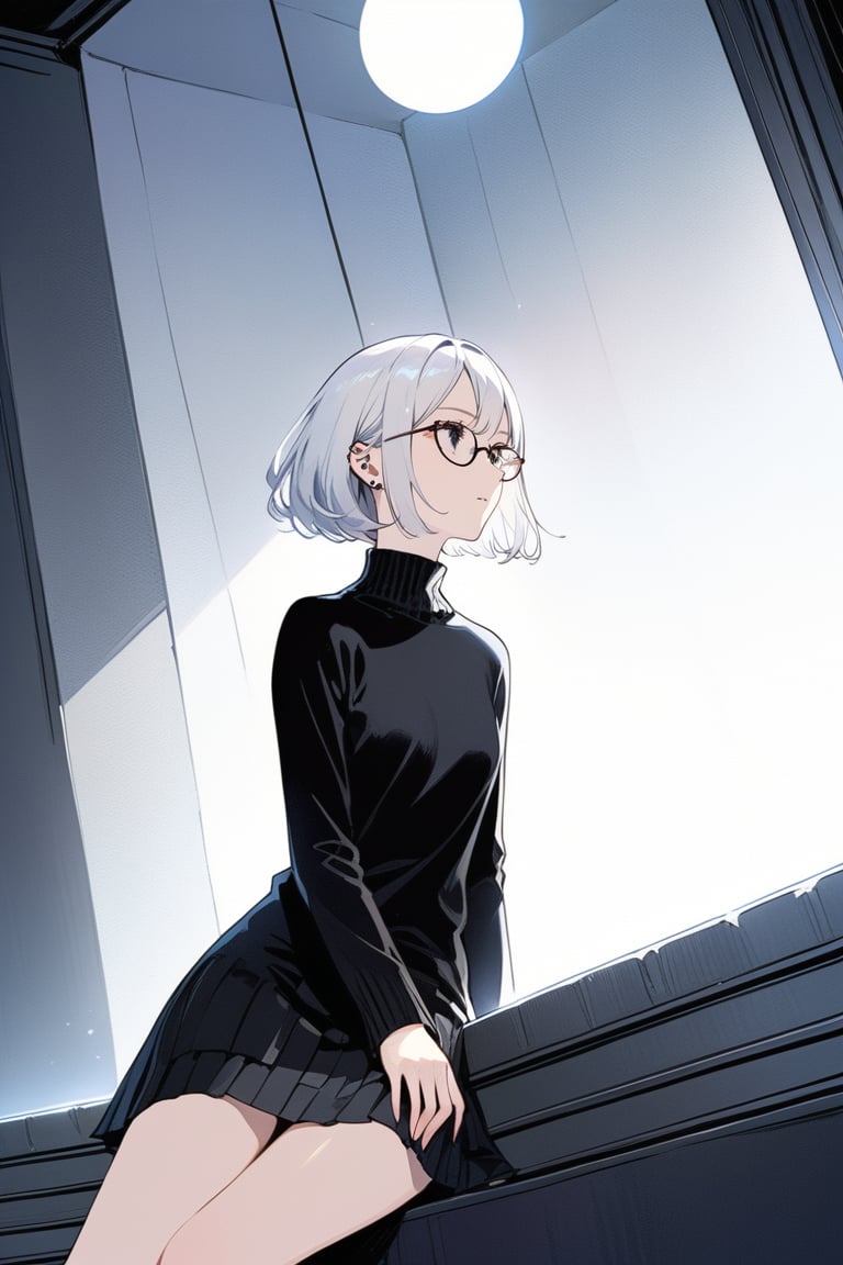 A contemplative young woman with striking white hair, styled in an exaggeratedly short bob, sits pensively amidst a dimly lit room. Her piercing black eyes are framed by sleek glasses, conveying a sense of intensity and focus. A black sweater envelops her slender figure, while a sleek black cat purrs softly at her side. The medium-long shot captures the stark beauty of her profile, as she gazes intently into the distance, lost in thought.