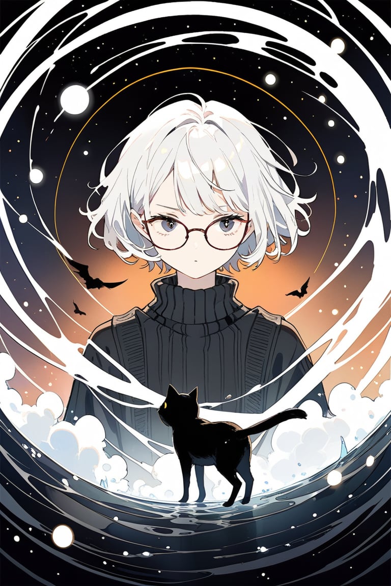 very detailed, high quality, beautiful (medium long shot), 1girl, alone, white hair, exaggeratedly short hair, black eyes, glasses, a serious look, wears a black sweater, accompanied by a black cat