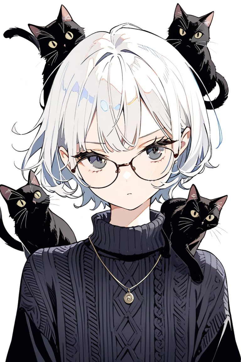 very detailed, high quality, beautiful (medium long shot), 1girl, alone, white hair, exaggeratedly short hair, black eyes, glasses, a serious look, wears a black sweater, accompanied by a black cat