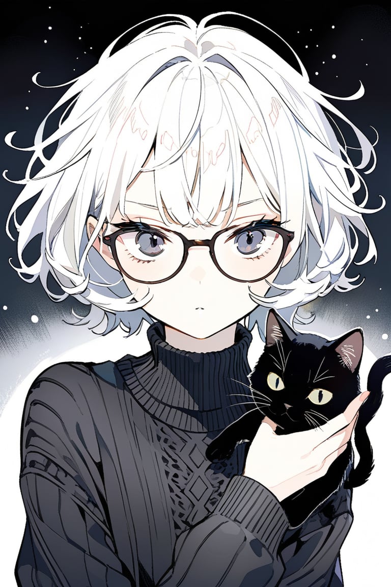 very detailed, high quality, beautiful (medium long shot), 1girl, alone, white hair, exaggeratedly short hair, black eyes, glasses, a serious look, wears a black sweater, accompanied by a black cat