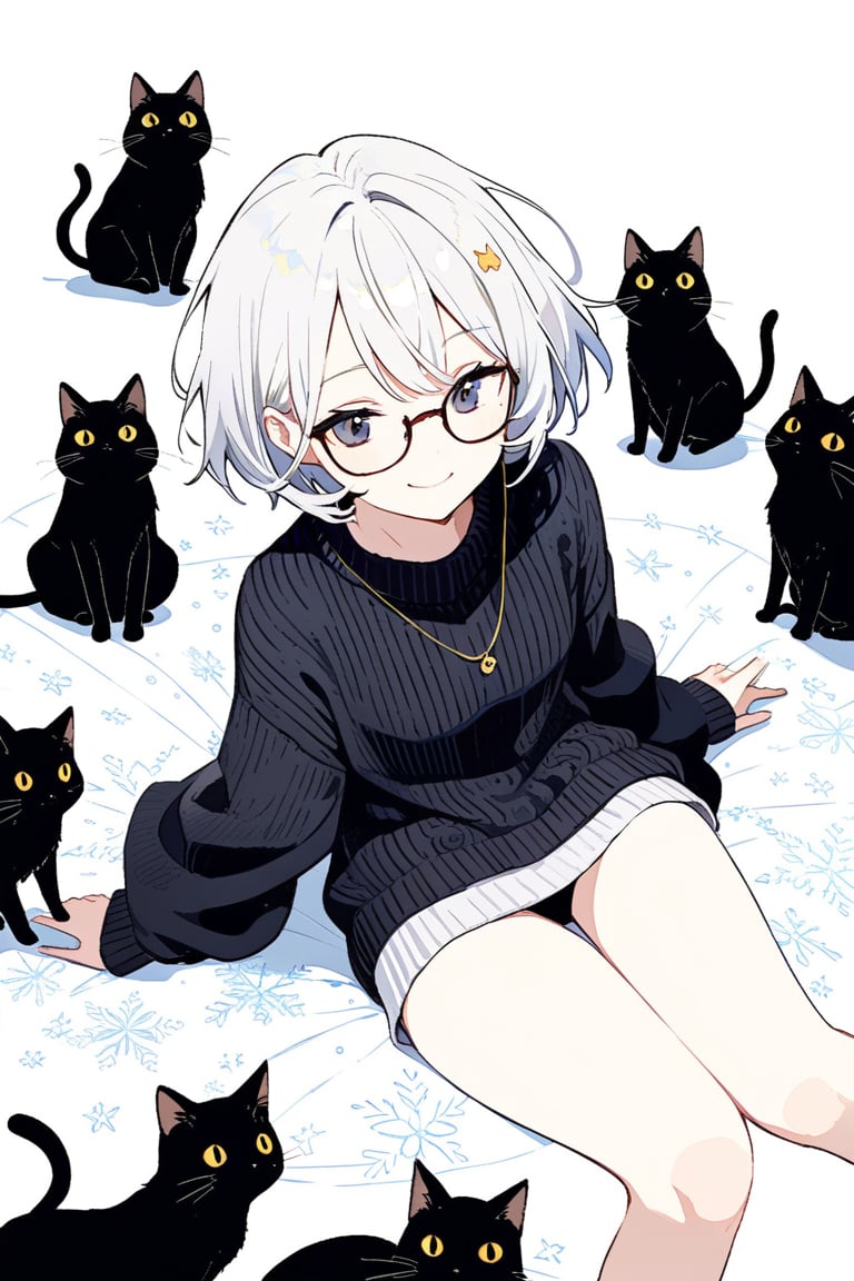 very detailed, high quality, beautiful (medium long shot), 1 girl, alone, white hair, exaggeratedly short hair, black eyes, glasses, cute look, a warm smile, wears a black sweater, accompanied by a black 
cat