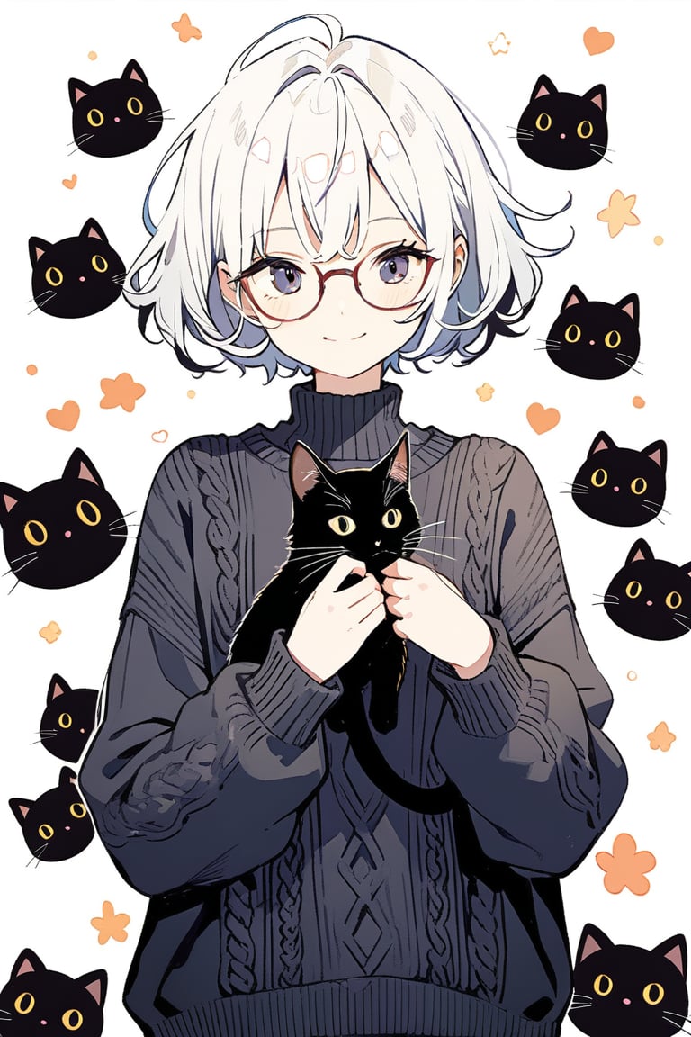 very detailed, high quality, beautiful (medium long shot), 1 girl, alone, white hair, exaggeratedly short hair, black eyes, glasses, cute look, a warm smile, wears a black sweater, accompanied by a black 
cat