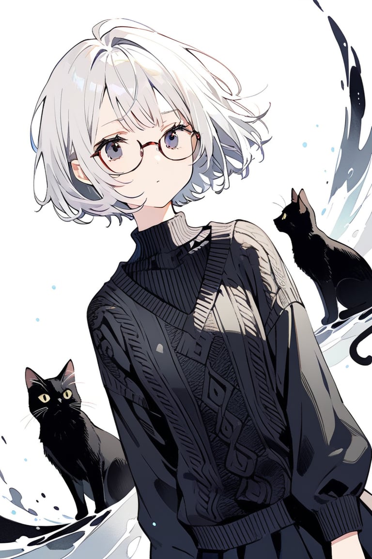 very detailed, high quality, beautiful (medium long shot), 1girl, alone, white hair, exaggeratedly short hair, black eyes, glasses, a serious look, wears a black sweater, accompanied by a black cat