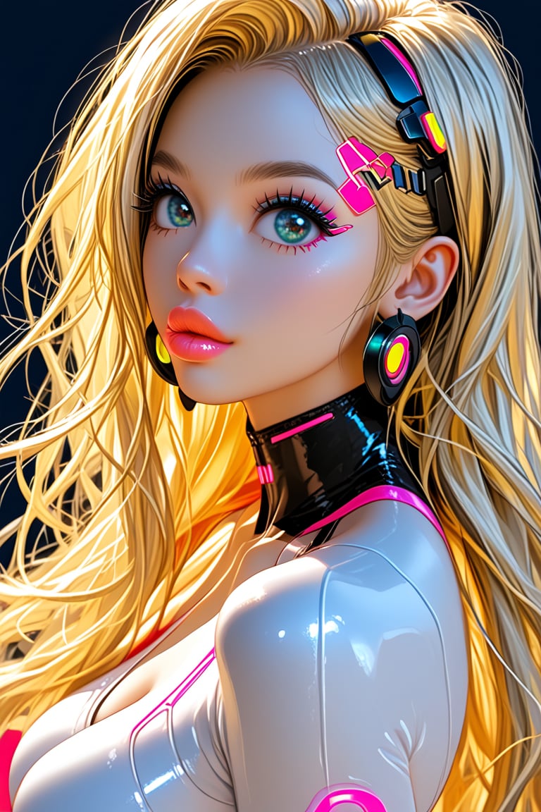 Beautifull sexy kawai woman, long blonde hair, big eyes, big lips, stang model pose, cyberpunk, neon