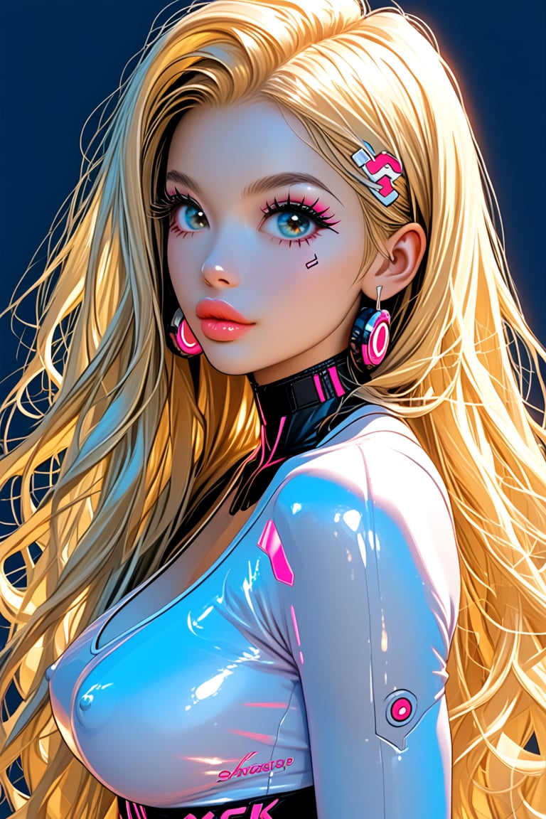 Beautifull sexy kawai woman, long blonde hair, big eyes, big lips, stang model pose, cyberpunk, neon