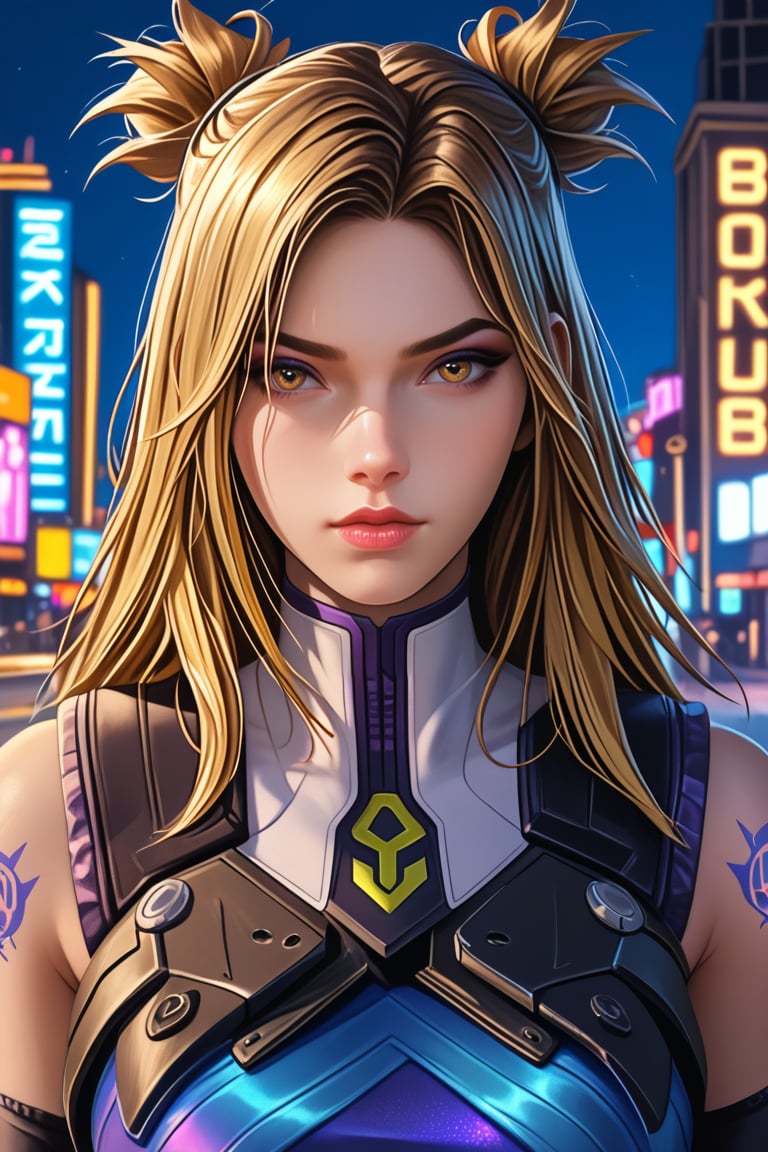 A neon from valorant stand,quality, perfect face and eyes, hd,detailed,beautiful, makeup,long hair,stand in city,blurry background,neonSDXL