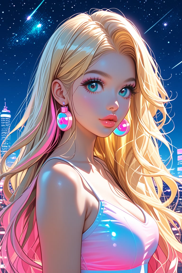 Beautifull sexy kawai woman, long blonde hair, big eyes, big lips, stang model pose, cyberpunk, neon,  pastel nebula clouds