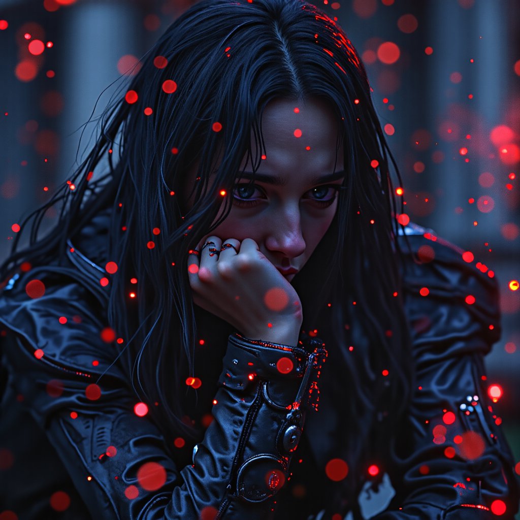 A fierce anime character deep in thought, with long flowing black hair, Over The Shoulder shot, in the style of Alex Maleev, Piero della Francesca, George Birrell, dark and intense, surrounded by vibrant lights, illuminating the scene with a mix of red and blue, Photo realistic art influence, 32K, UHD, sharp focus --ar 2:3 --niji 5 --q 2,noc-futuristic