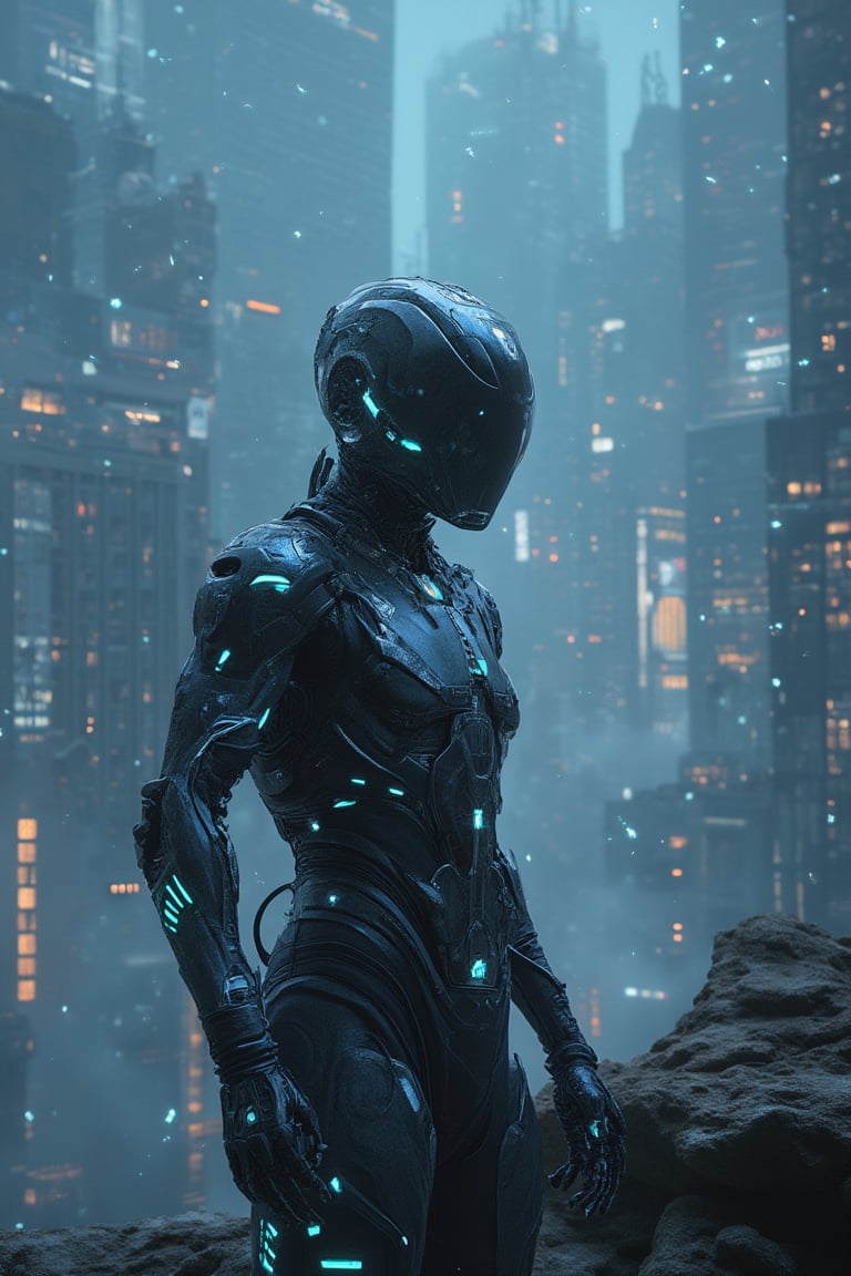 A futuristic scene where Riel Mecha stands amidst a sprawling metropolis. A bright, Two-tone lighting illuminates the cityscape, with a Low ISO capturing every intricate detail. In the foreground, a sleek, cybernetic arm protrudes from the protagonist's body, its PBR texture glistening in the light. The Real Mechanical Parts Technology allows for seamless integration of mechanical enhancements, blurring the line between human and machine. A cityscape unfolds beyond, with towering skyscrapers and neon lights, while glowing particles swirl around the subject. Maximum clarity and sharpness are maintained through 8K raw and highly efficient sub-pixels.,noc-futuristic