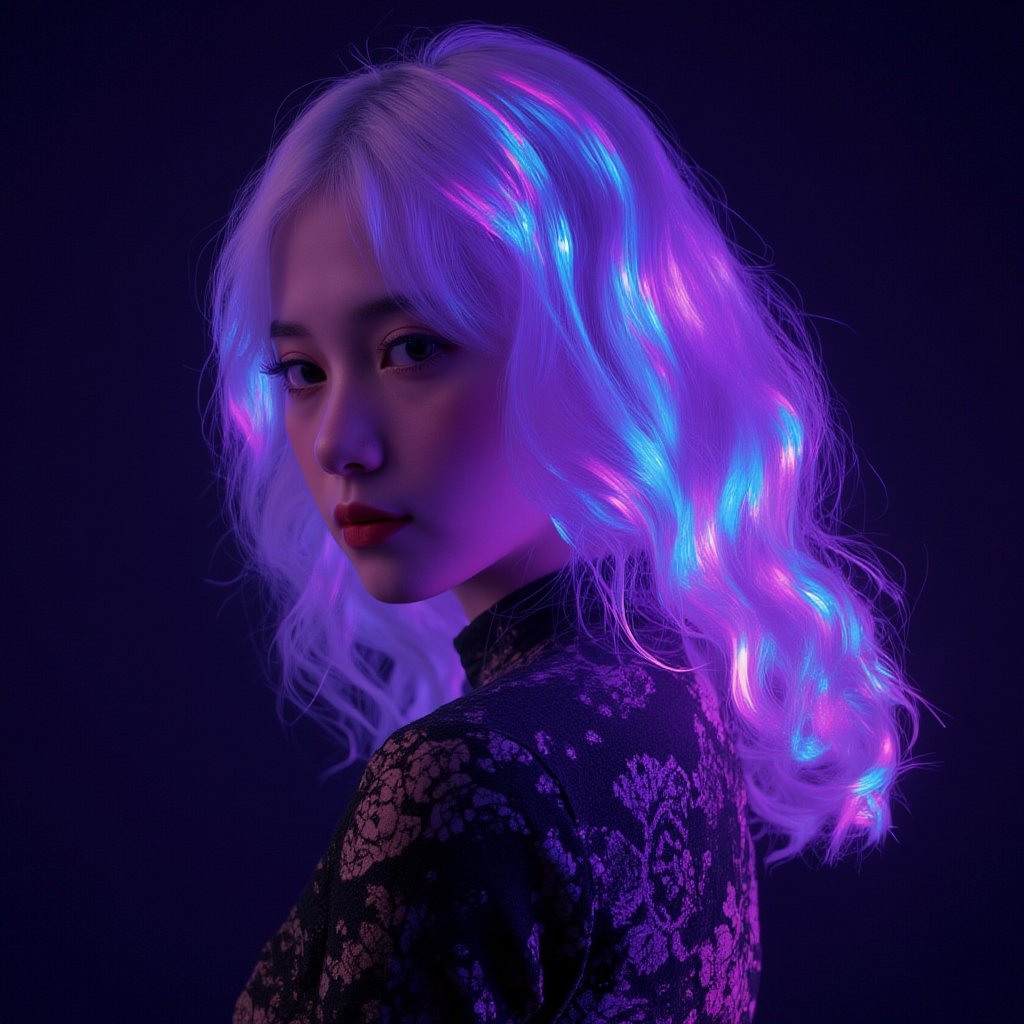 A hyperrealistic portrait of a kawaii girl with long, curly, wavy neon rainbow light hair cascading down her back like a Technicolor dream. Her porcelain skin glows with a soft luminescence against the dark studio's cyberpunk backdrop, adorned with intricate lace patterns. Rendered in Octane, every detail shines with photorealistic precision.,noc-futuristic